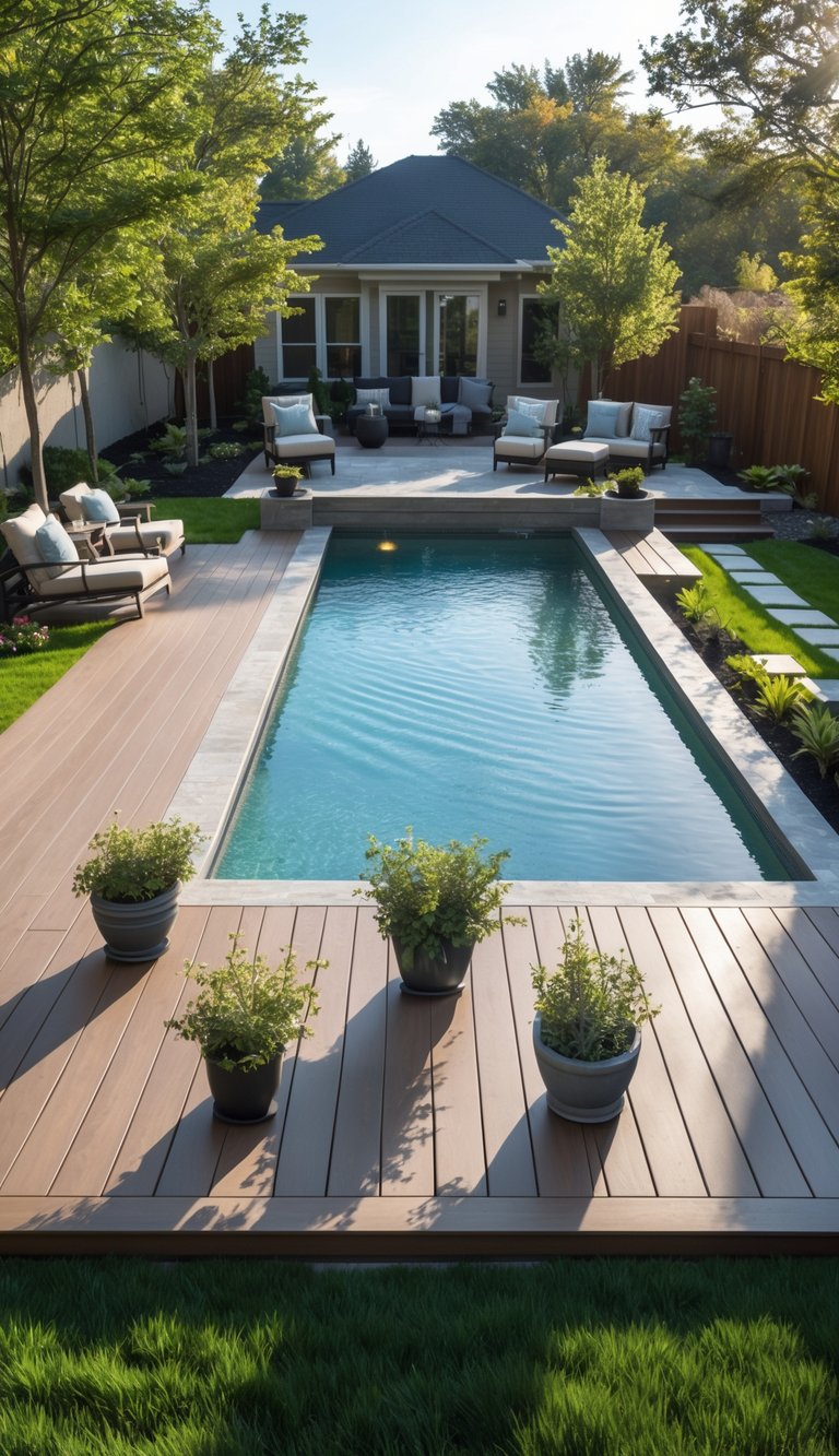 A backyard with a swimming pool connected to a wooden lounging deck surrounded by grass and plants.