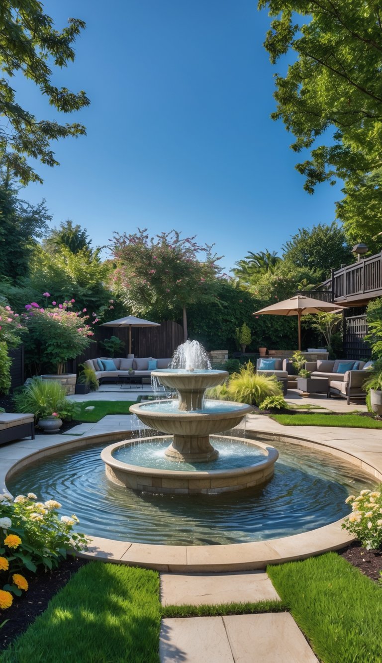 A spacious backyard with a large bubbling fountain surrounded by plants, seating areas, and stone pathways under a clear sky.