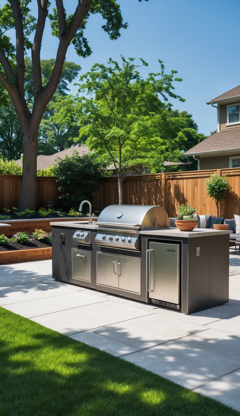 An outdoor kitchen in a backyard with a grill, countertop, mini fridge, and surrounding greenery.