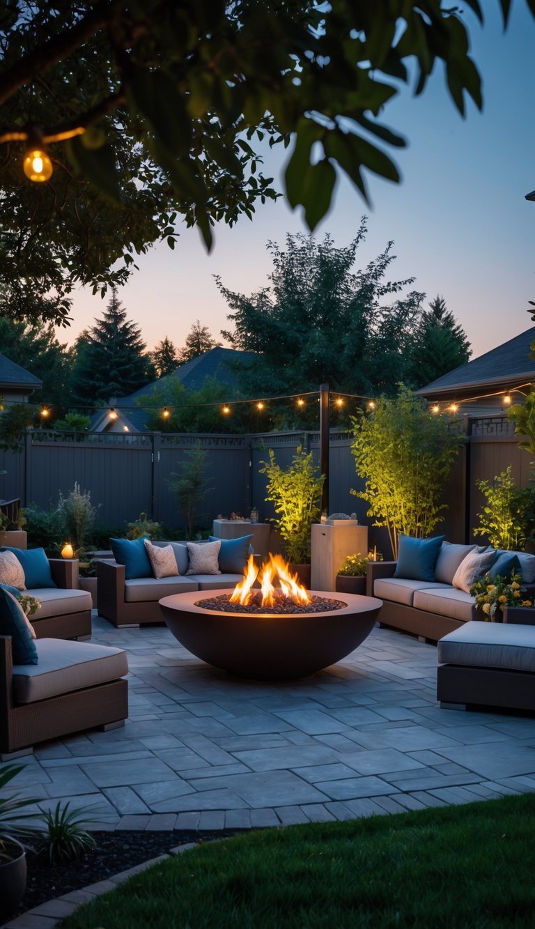 A backyard with a fire pit surrounded by comfortable outdoor seating and greenery.