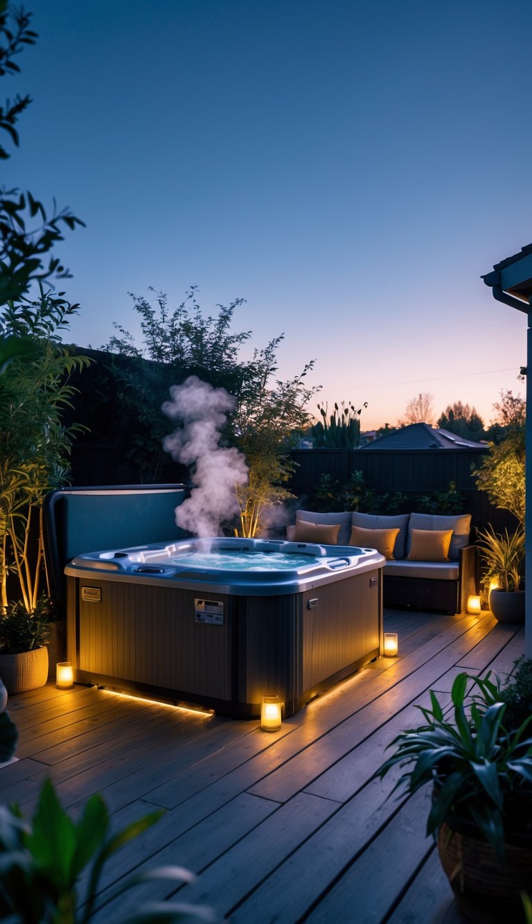 A backyard at dusk with a steaming hot tub surrounded by plants, seating, and warm outdoor lighting.