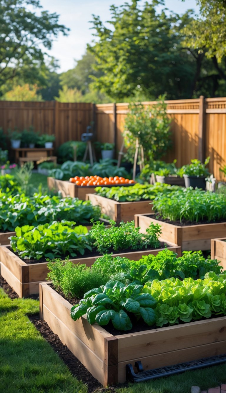 A backyard with several raised garden beds filled with various vegetable plants surrounded by grass and trees.