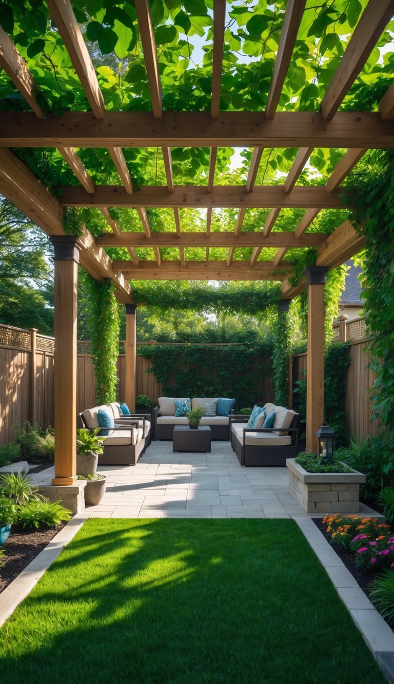 A backyard with a wooden pergola covered in climbing plants shading a seating area with outdoor furniture surrounded by grass and flowers.