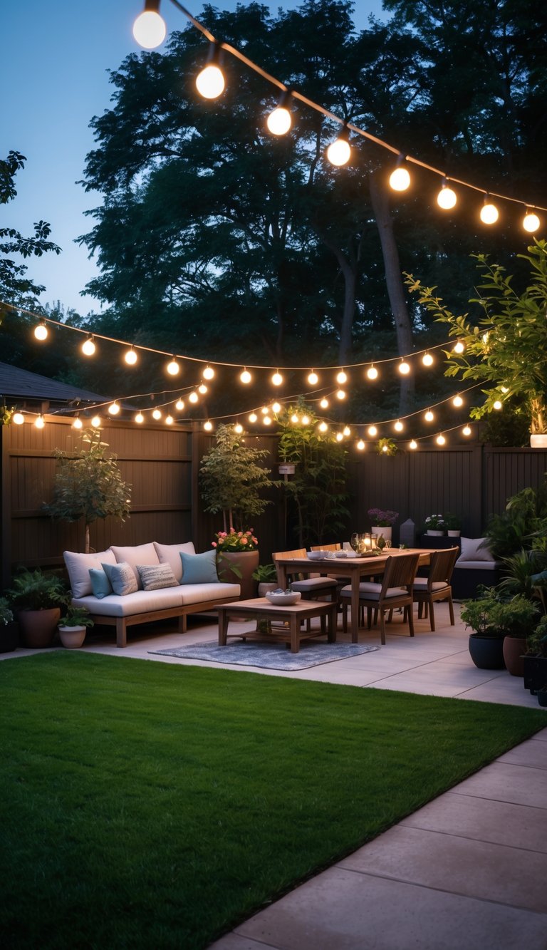 A backyard with string lights overhead, outdoor seating, a dining table, and plants under warm evening lighting.