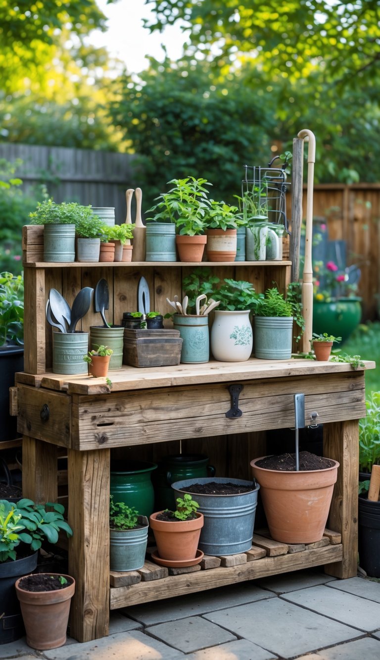 A backyard potting station made of reclaimed wood with vintage containers holding gardening tools and small plants, surrounded by greenery.