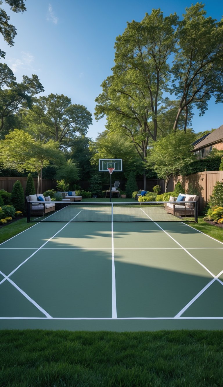 A spacious backyard with a half-court for tennis or basketball surrounded by grass, trees, and outdoor seating.