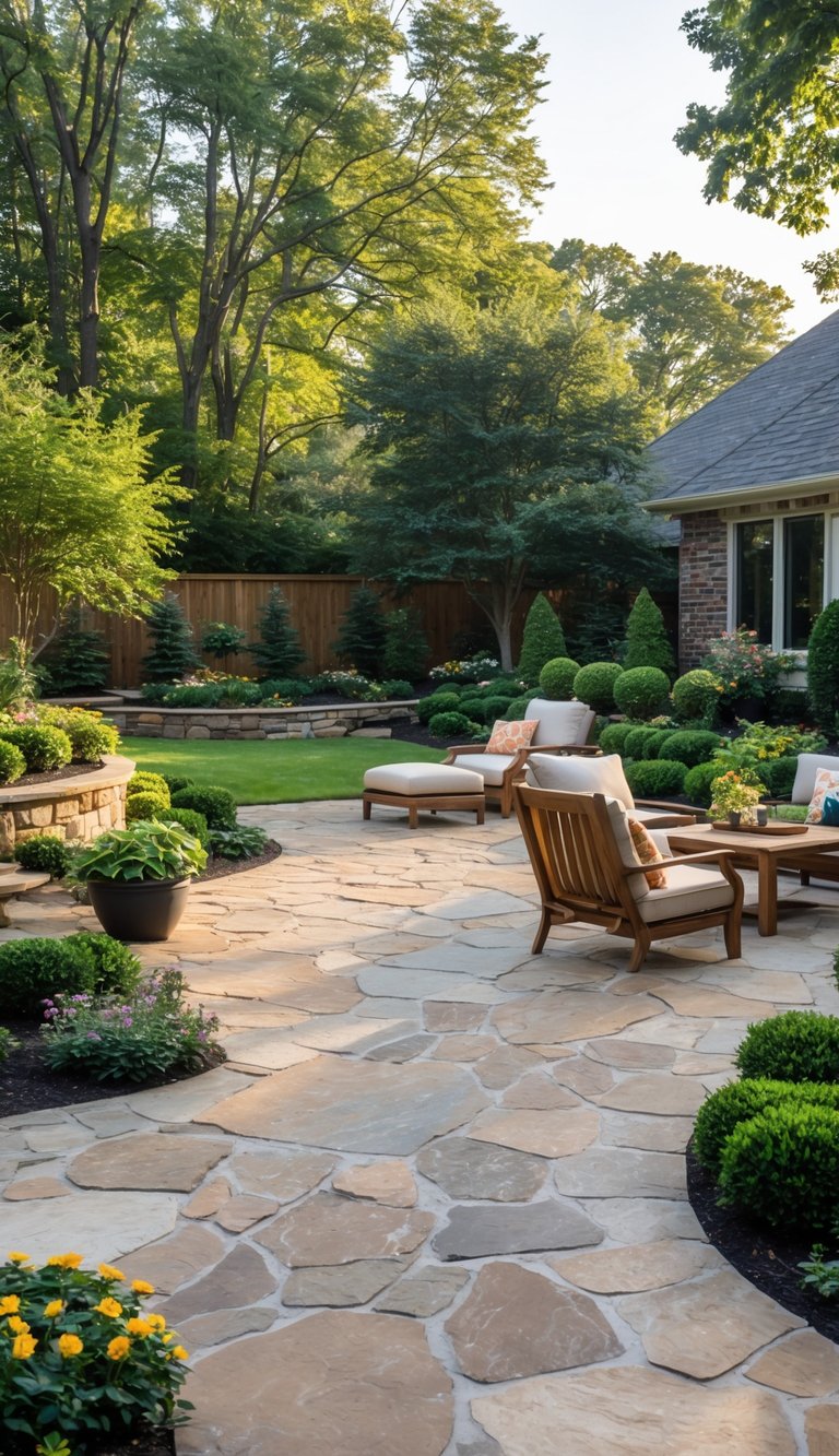 A large backyard with a natural stone patio surrounded by green plants, outdoor furniture, and trees.