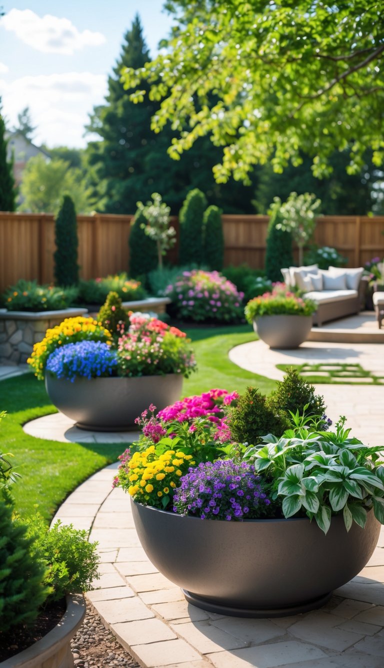 A spacious backyard with large planters containing colorful flowers and green shrubs, surrounded by a lawn and garden features.
