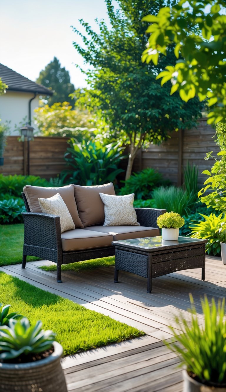 Outdoor seating area with a loveseat and coffee table in a spacious backyard surrounded by greenery.