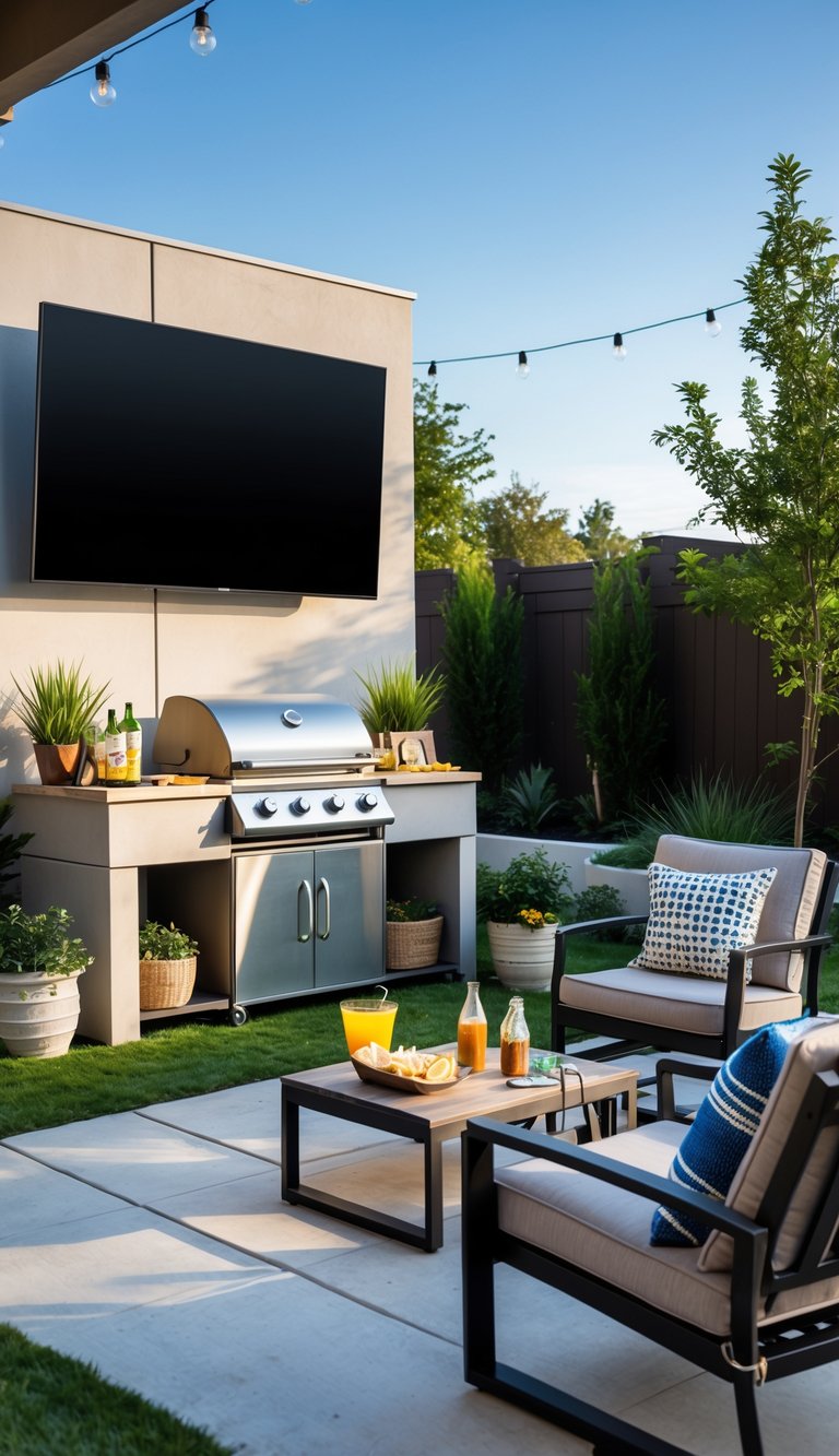 Outdoor backyard with a TV near a BBQ station and seating area ready for a game day gathering.