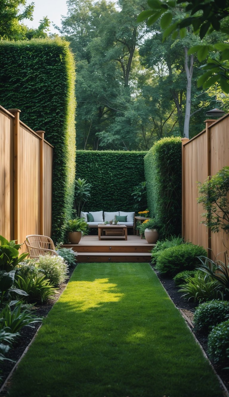 A spacious backyard with tall privacy fences and dense hedges creating private seating areas surrounded by green grass and plants.