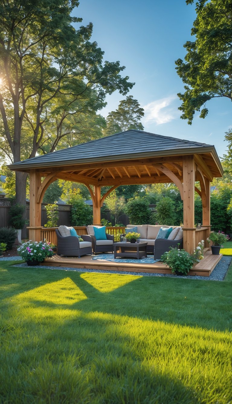 A covered wooden gazebo in a spacious backyard with outdoor seating and greenery surrounding it.
