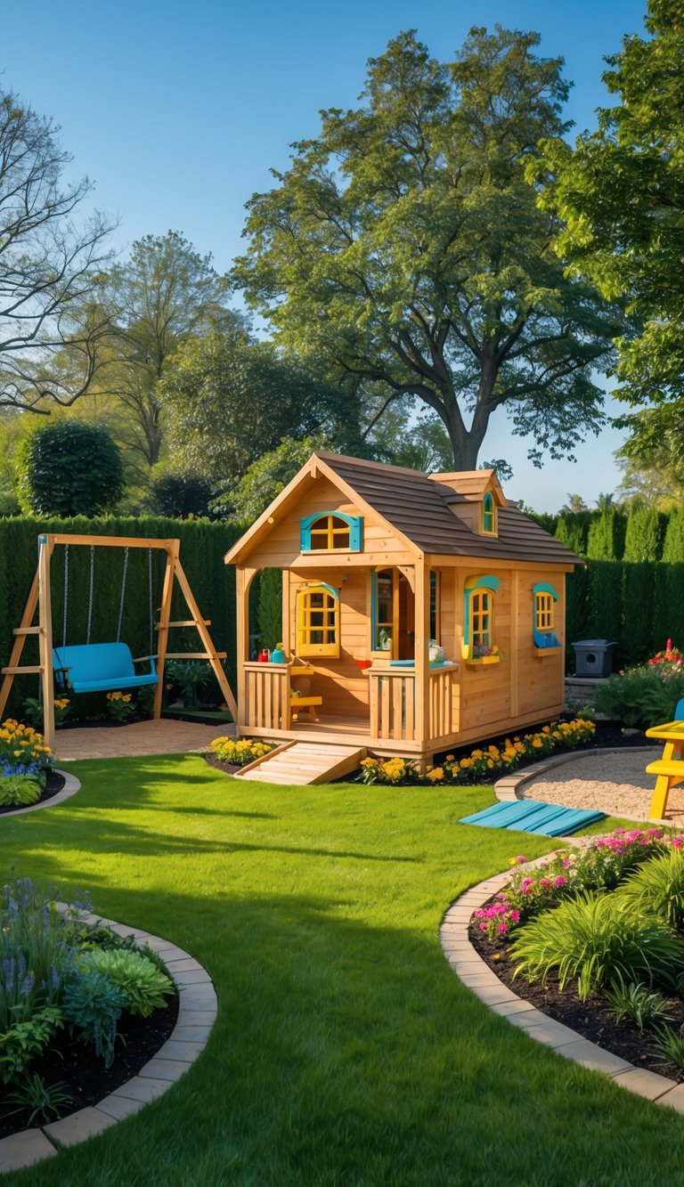 A backyard with a wooden kids' playhouse surrounded by grass, flowers, a swing set, and trees.