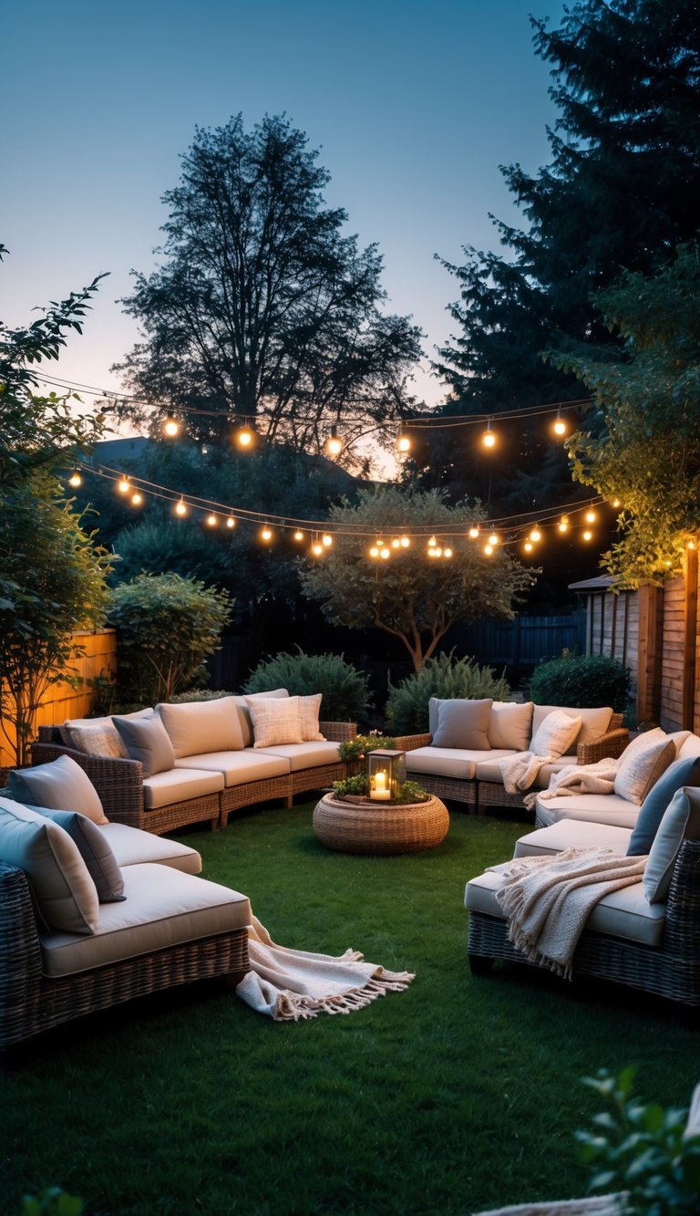 A backyard with several small seating areas featuring cushions and blankets on outdoor chairs and benches surrounded by grass and trees.