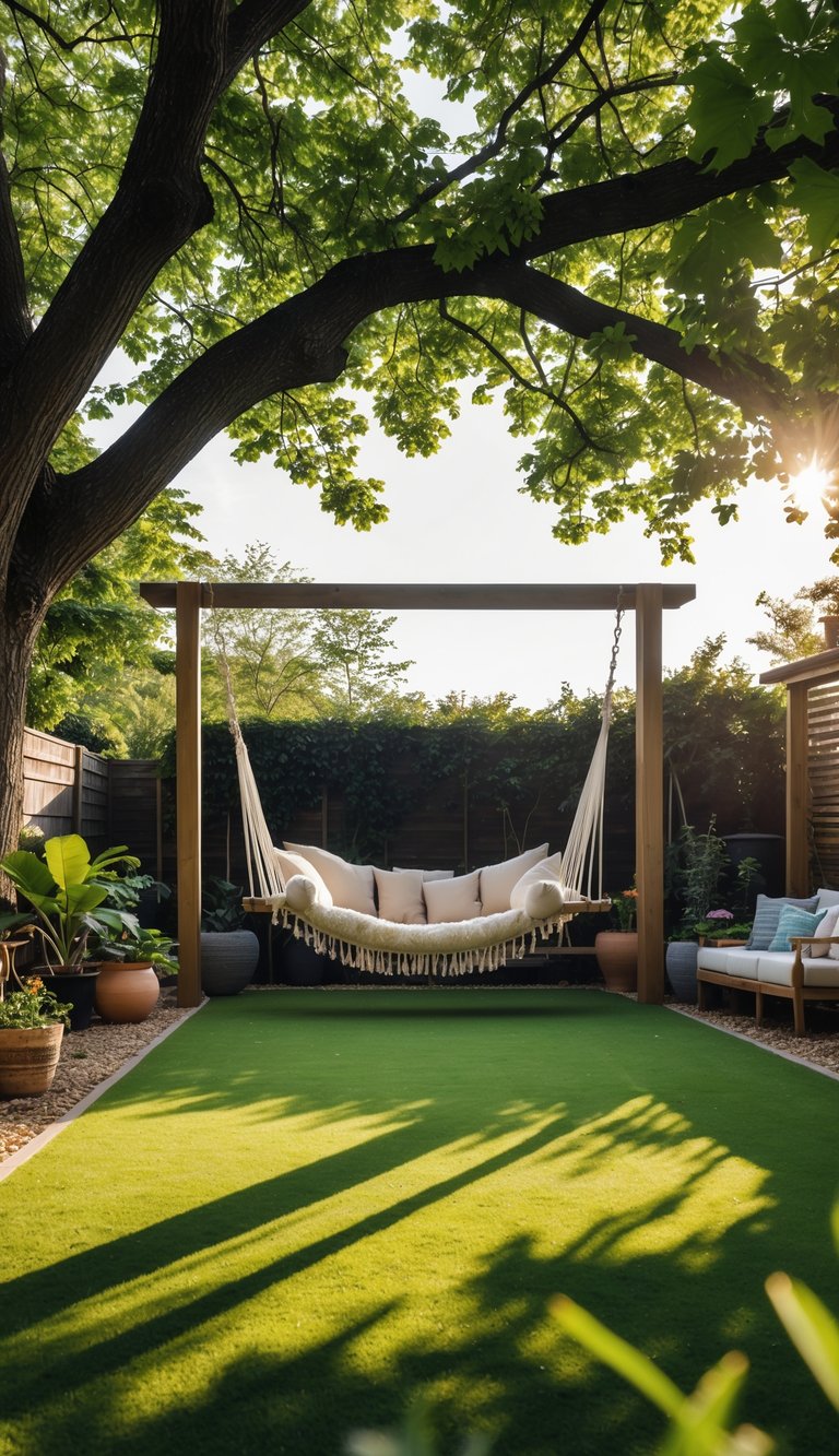 A backyard with a hammock or swinging bench hanging under large trees surrounded by green grass and garden decorations.