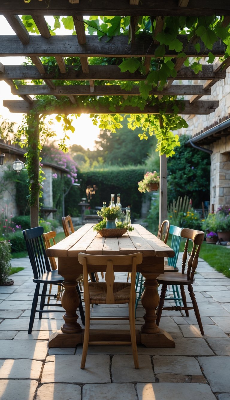 Long wooden table with mismatched chairs under a pergola in a garden setting.
