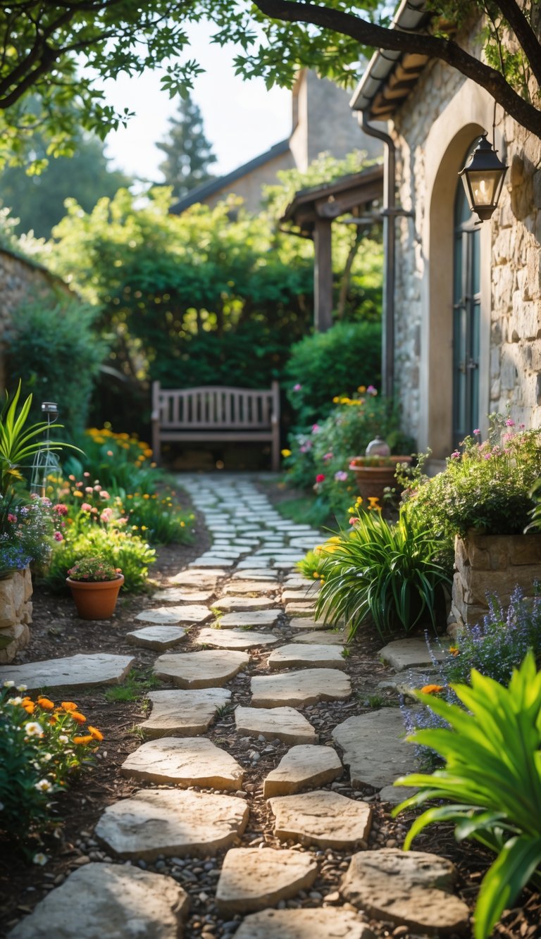 A stone and cobblestone pathway winding through a garden with plants, flowers, and a wooden bench in the background.