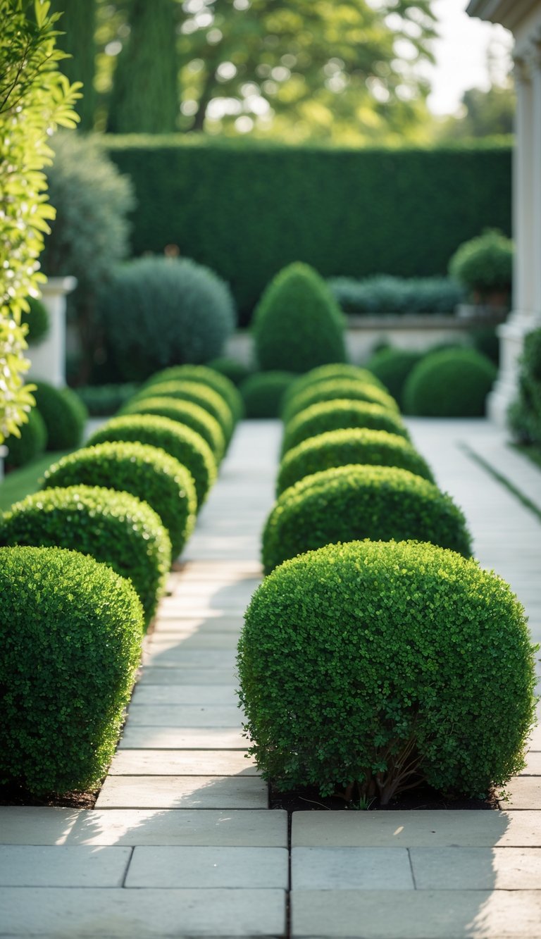 A backyard pathway lined with neatly trimmed boxwood shrubs and light-colored stone pavers surrounded by greenery.