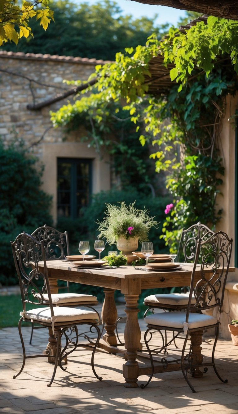 Outdoor dining table with wrought iron chairs in a garden surrounded by greenery and stone walls.