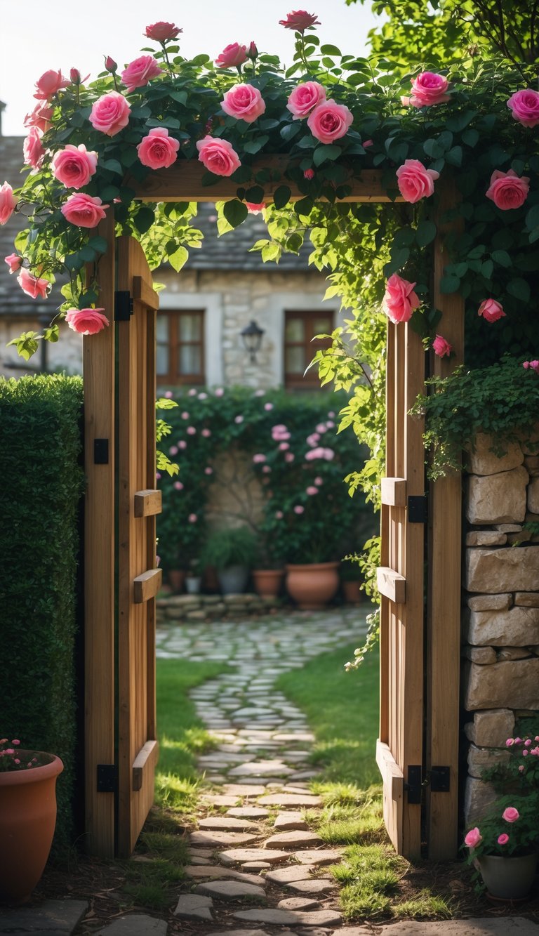 A wooden garden gate covered in climbing roses opening onto a cobblestone pathway surrounded by green hedges and flowering plants.