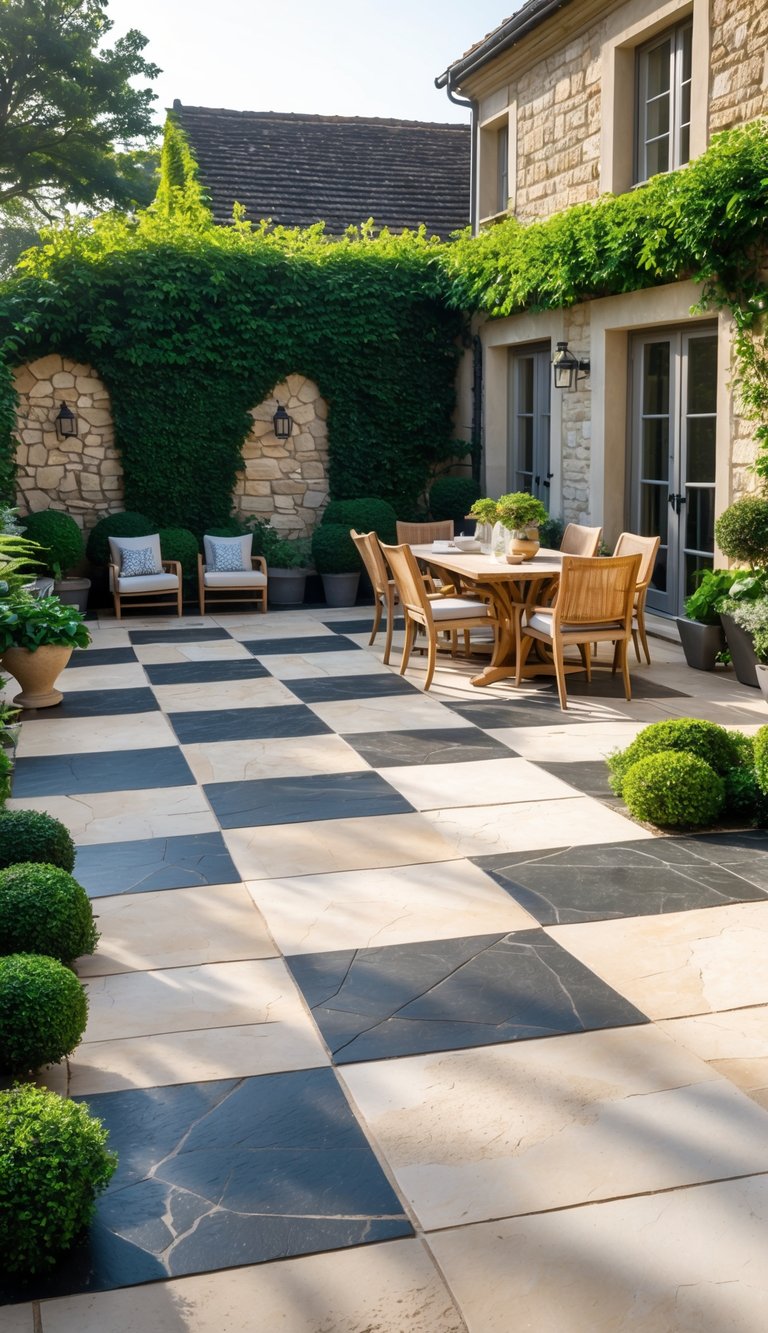 A backyard patio with checkerboard stone flooring, outdoor furniture, and surrounding greenery.