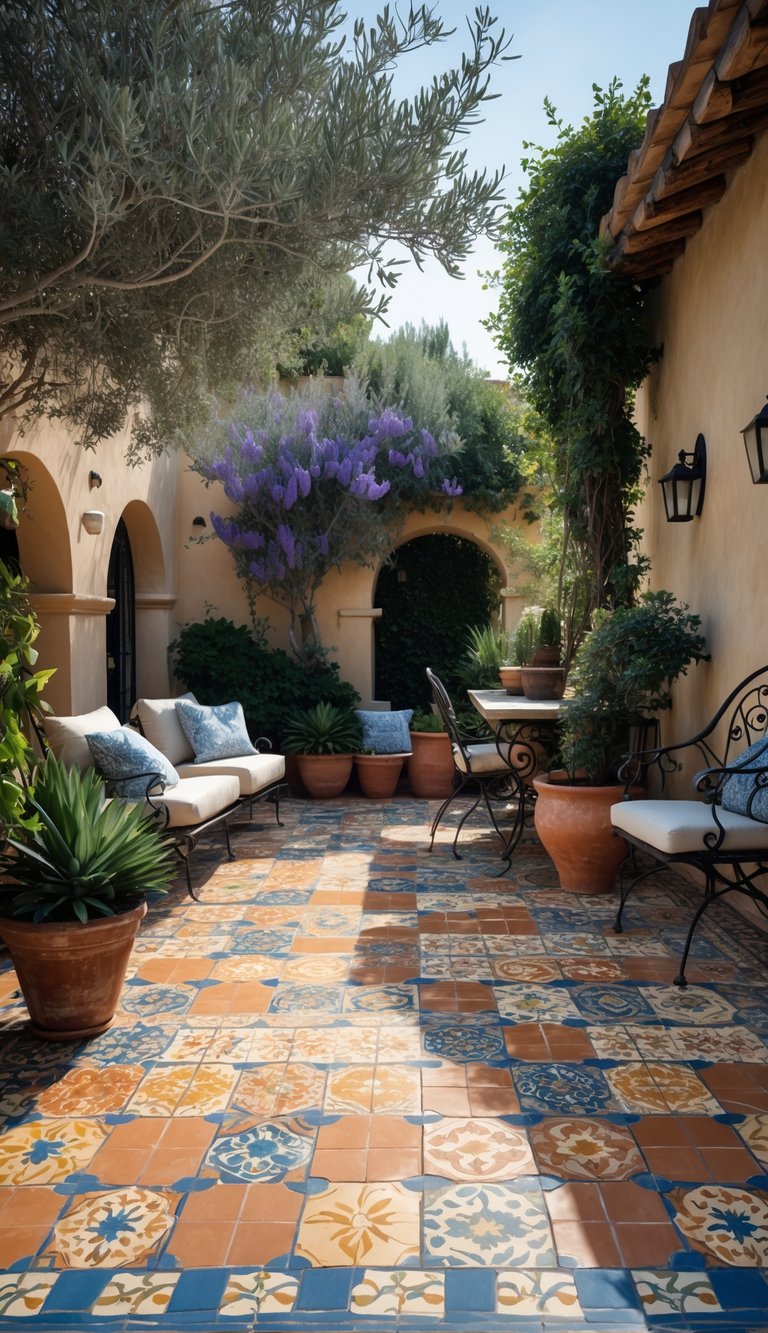 A tiled patio with colorful patterned floor tiles, outdoor furniture, potted plants, and stone walls in a sunny backyard.