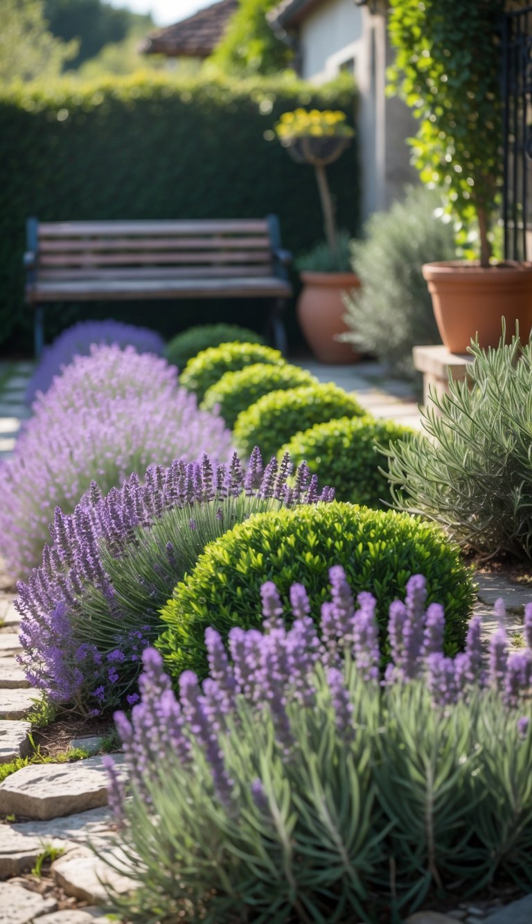 A peaceful European backyard with neatly trimmed lavender and rosemary hedges along a stone pathway, featuring a wooden bench and garden pots.