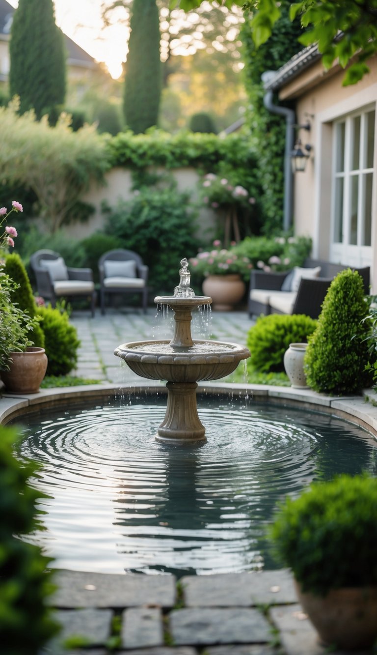 A peaceful backyard with a water fountain gently flowing surrounded by plants and stone pathways.