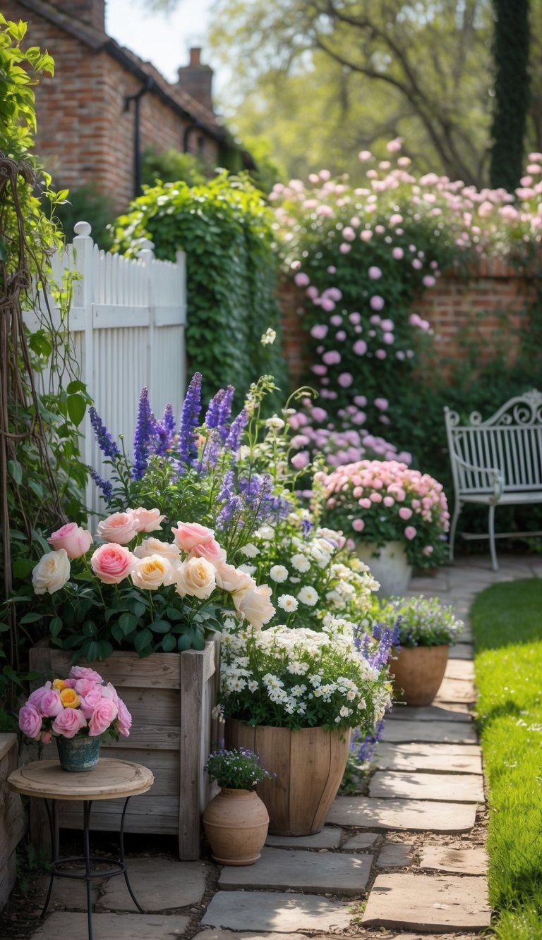 A backyard garden with colorful flowers arranged in rustic planters along a stone path, surrounded by greenery and garden furniture.