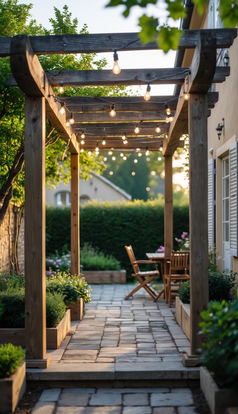 A wooden pergola with string lights in a garden surrounded by plants and outdoor seating.