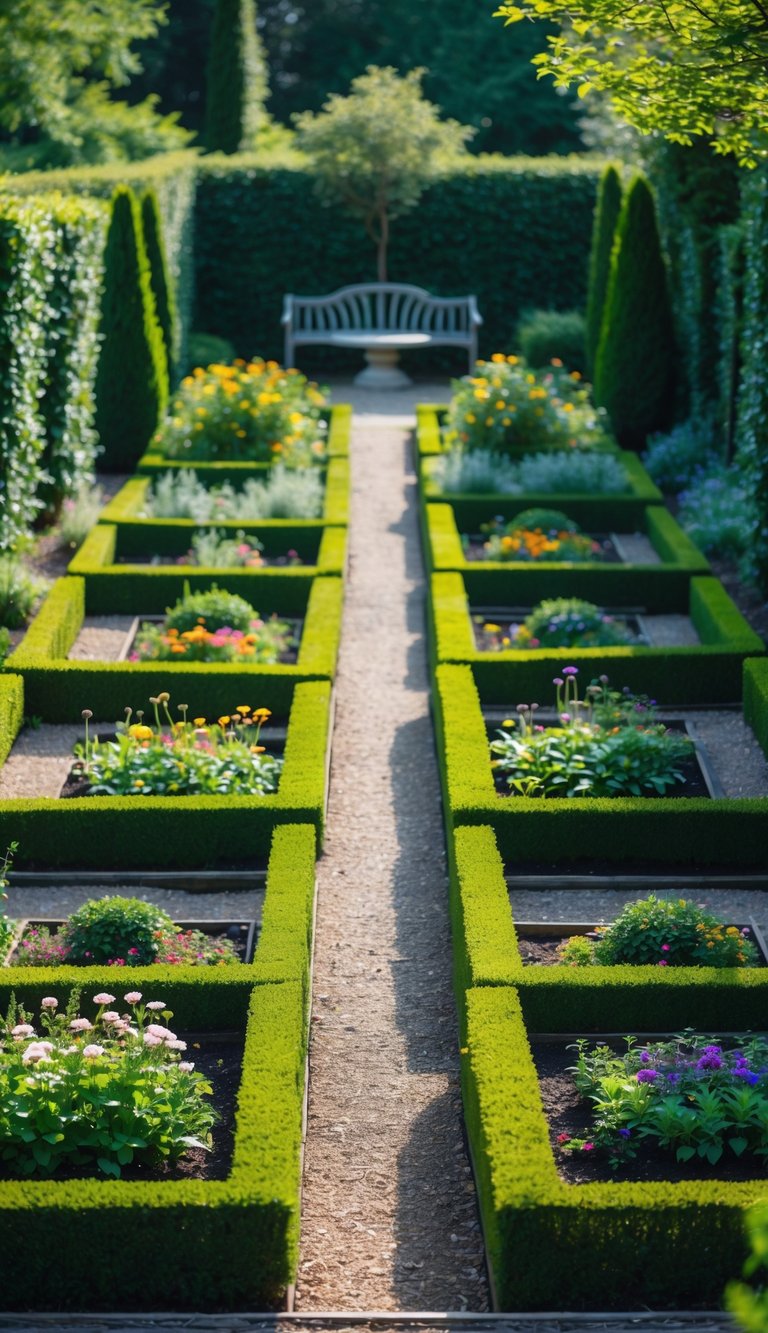 A backyard with symmetrical garden beds, colorful flowers, trimmed hedges, and a stone pathway leading to a bench or fountain.
