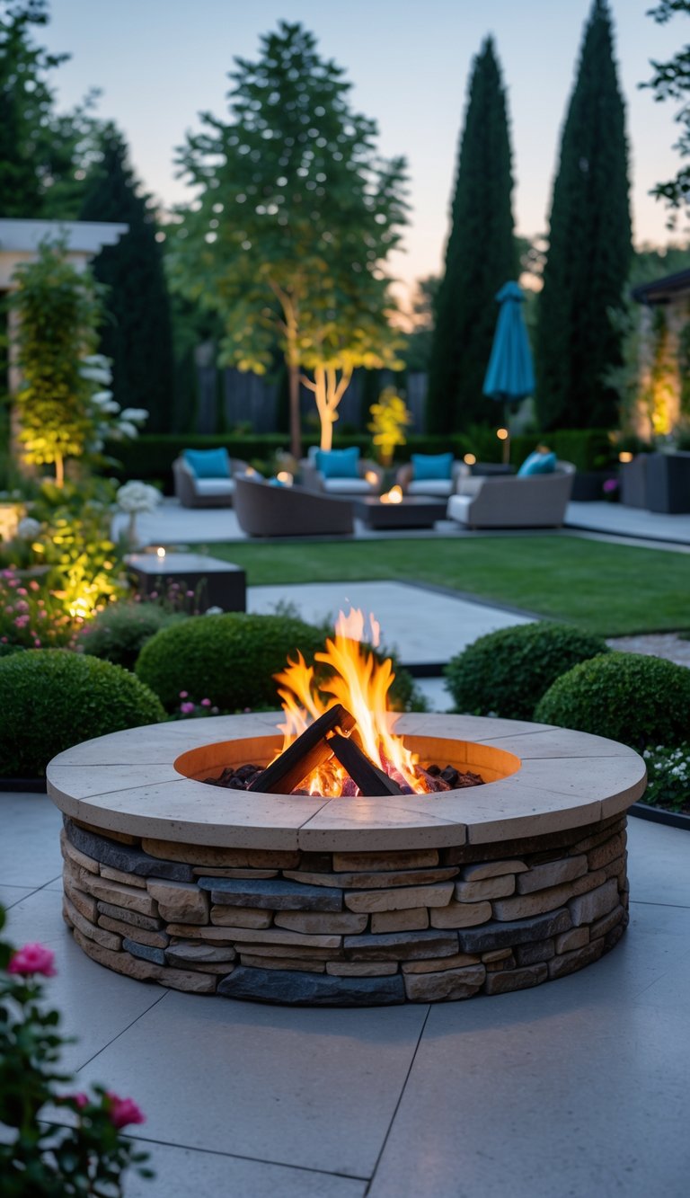 Outdoor stone fire pit with a glowing fire surrounded by plants and garden seating in a backyard.