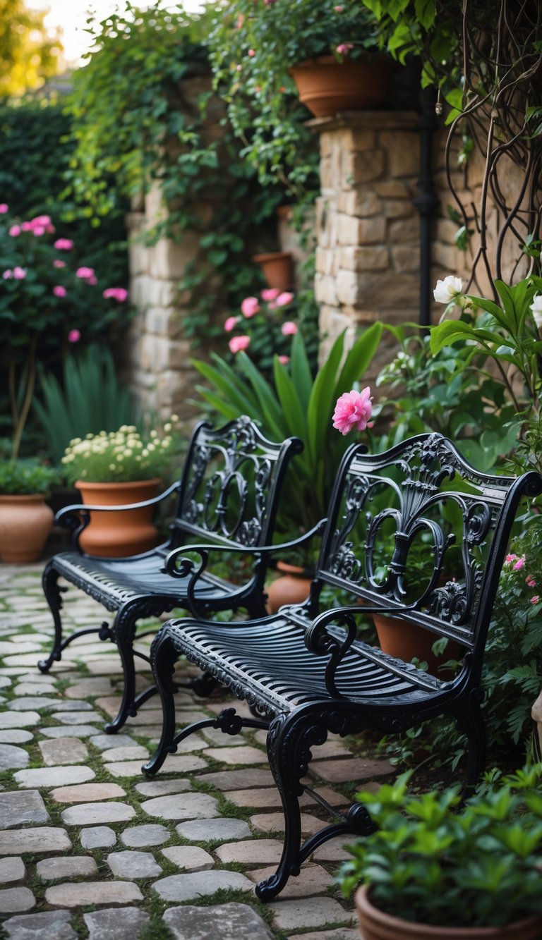 Two wrought iron garden benches in a backyard surrounded by plants and flowers.