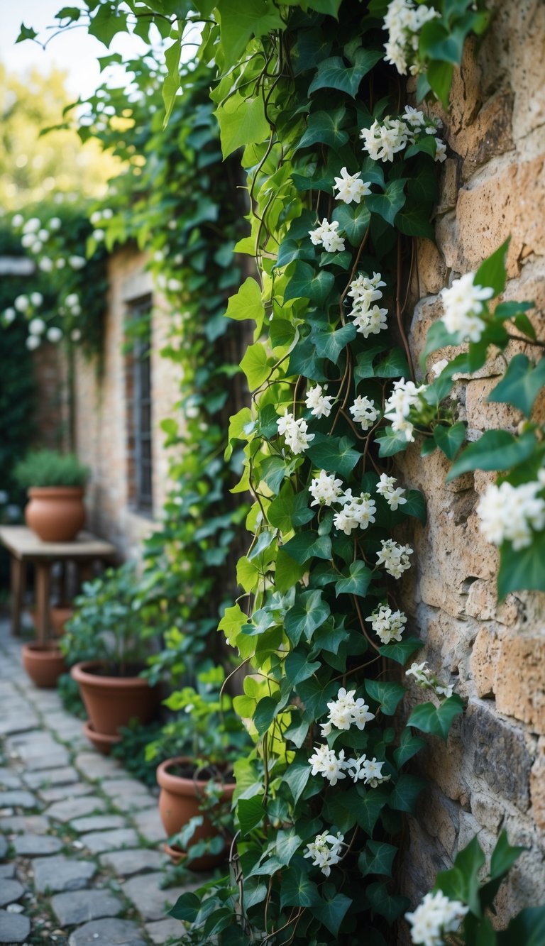 A European backyard with garden walls covered in green ivy and white jasmine flowers, surrounded by plants and a cobblestone pathway.