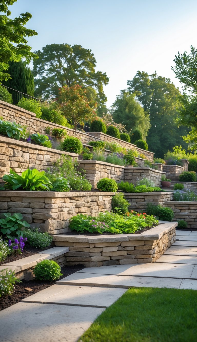 A backyard with natural stone retaining walls, raised garden beds, green plants, flowers, and trees under a clear sky.