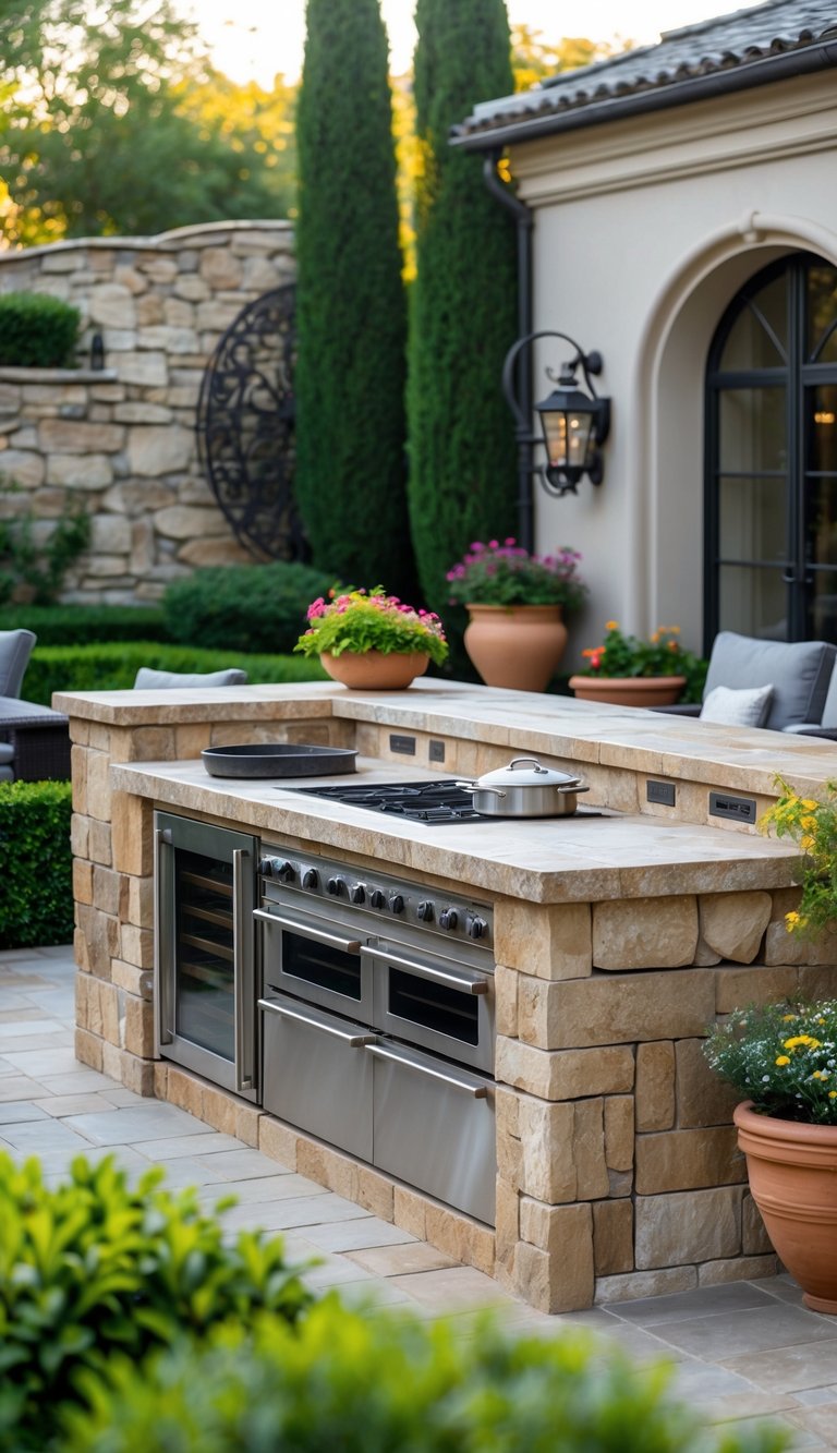Outdoor kitchen with stone countertop surrounded by greenery and patio furniture in a backyard.