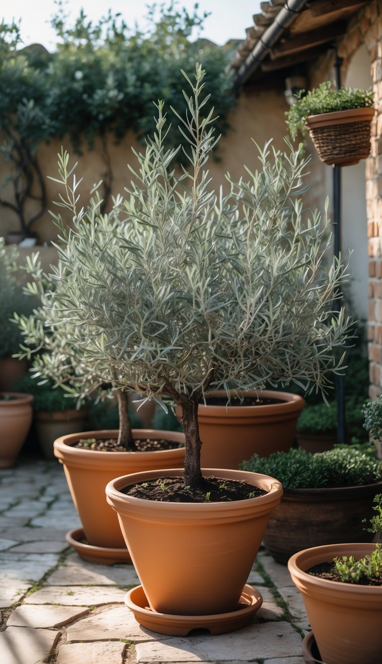 Terracotta pots with olive trees arranged on a stone patio in a European backyard garden.