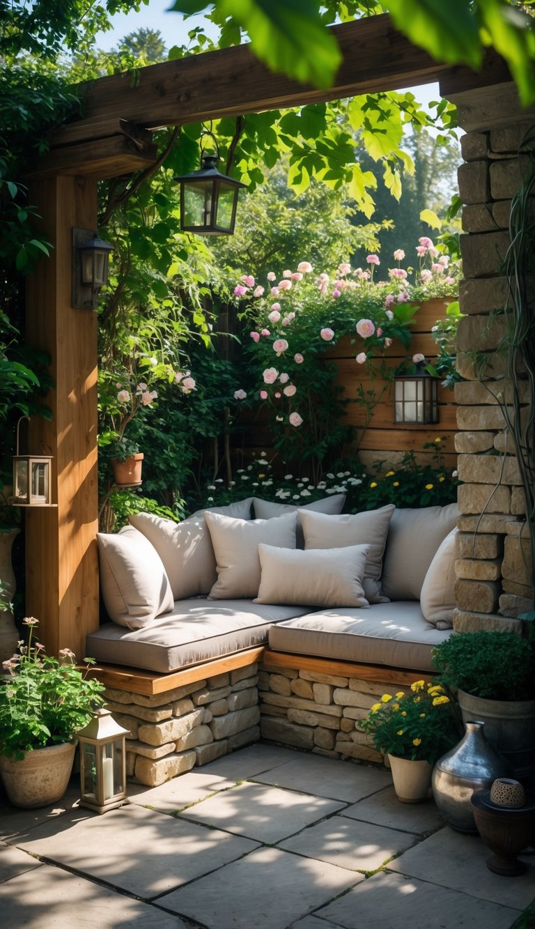 A secluded outdoor seating nook with cushioned benches surrounded by greenery and plants in a backyard.