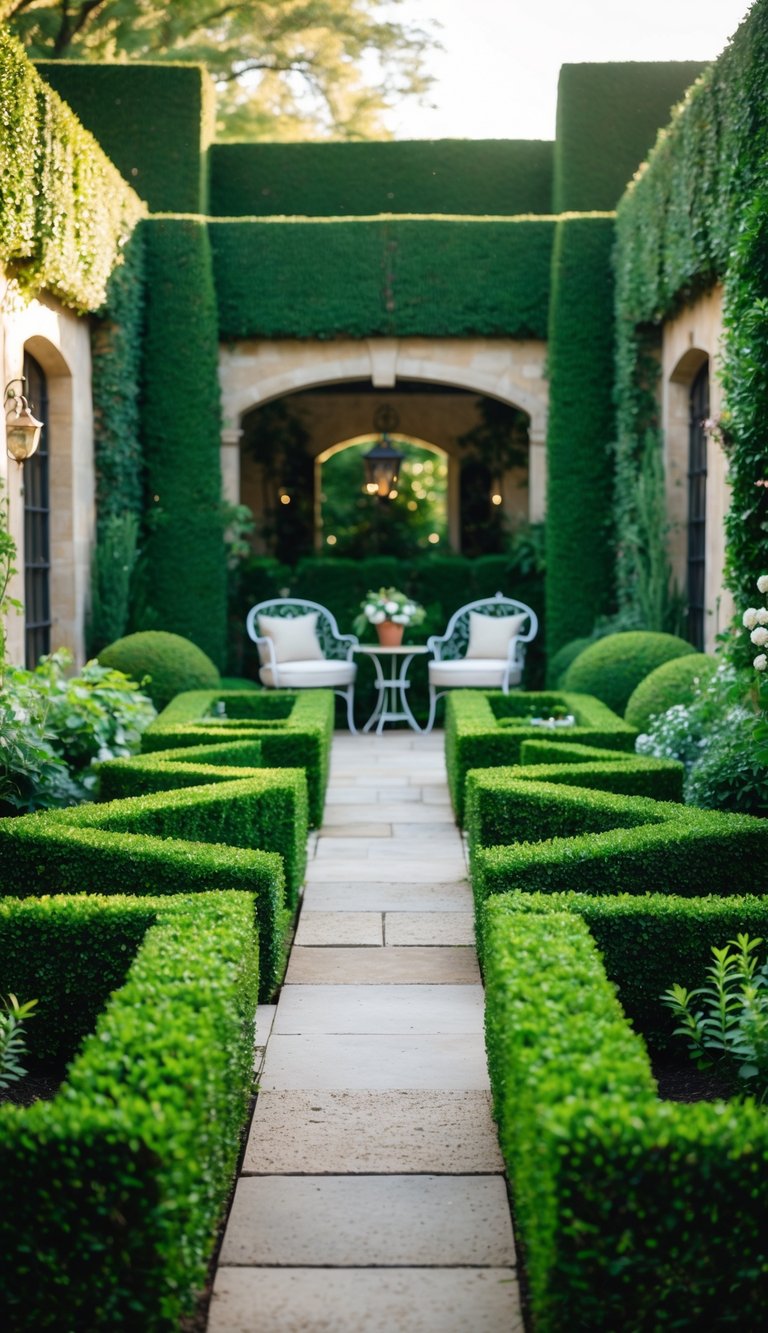 A backyard with neatly trimmed symmetrical boxwood hedges lining a stone pathway leading to an outdoor seating area with wrought iron furniture.