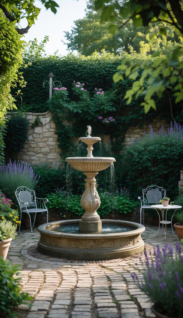 A backyard with a stone fountain surrounded by plants, flowers, and garden furniture on a cobblestone patio.