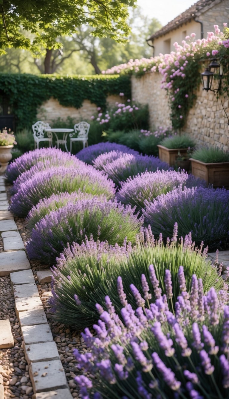 A backyard garden with rows of blooming lavender plants, stone pathways, and garden furniture under sunlight.