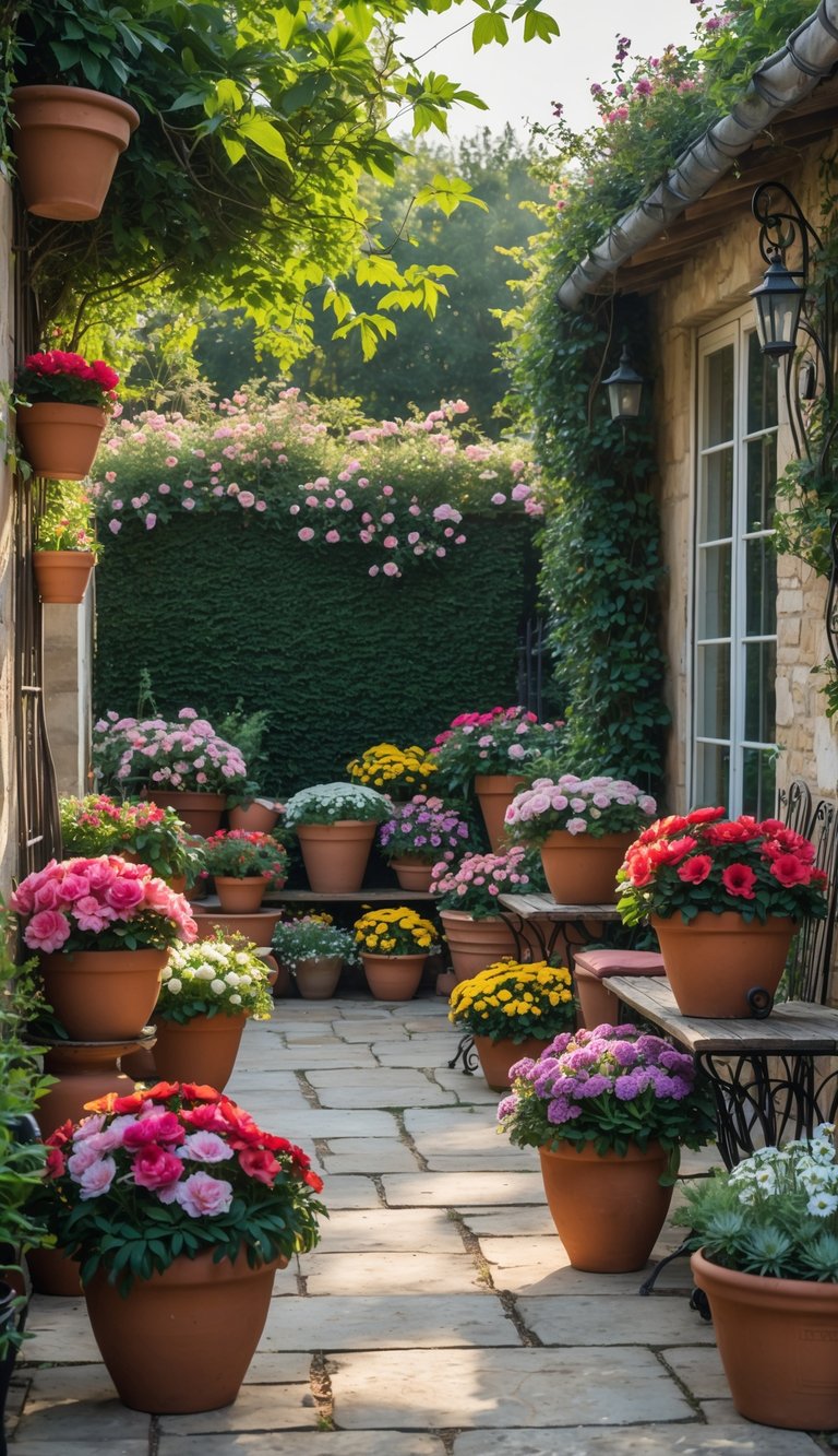 A backyard patio with terracotta pots filled with colorful flowers and green plants surrounding a stone floor.