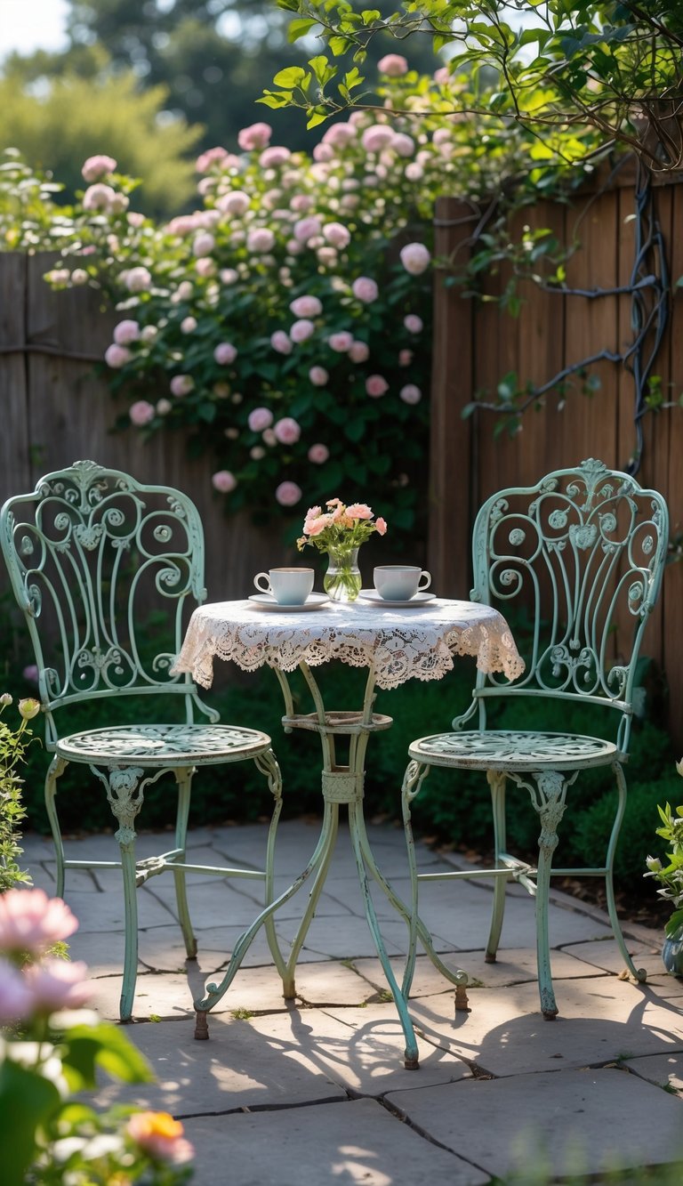A small outdoor table and two chairs set on a stone patio surrounded by flowering plants and greenery.