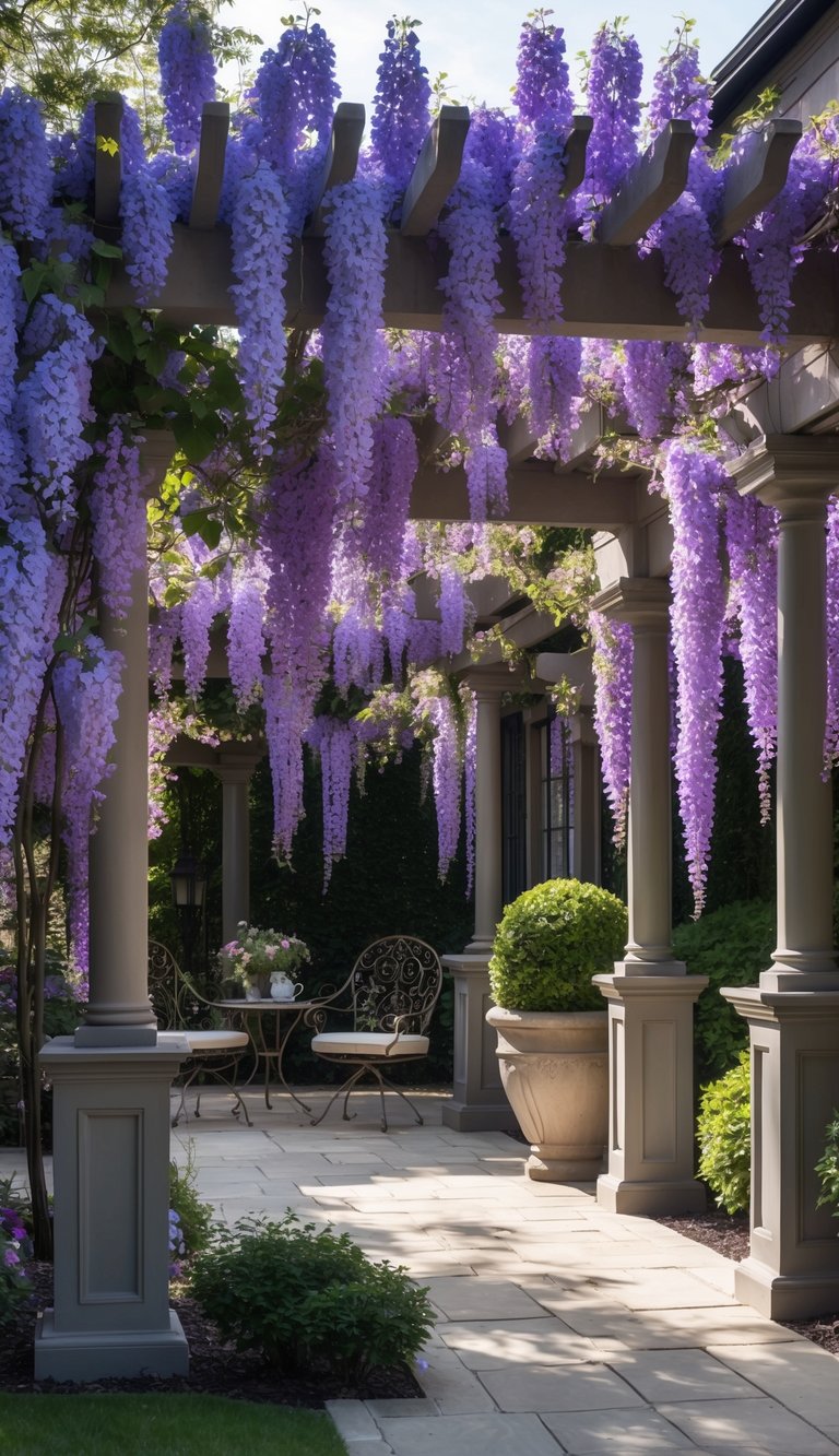 A backyard with wooden pergolas covered in blooming purple wisteria flowers, surrounded by garden furniture and greenery.