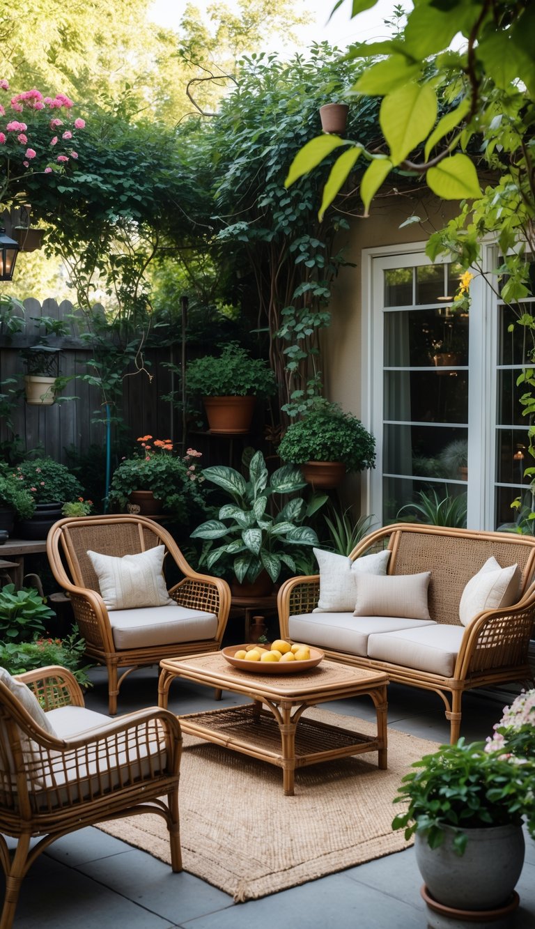 A backyard seating area with rattan and wicker chairs, cushions, a coffee table, and surrounding plants.