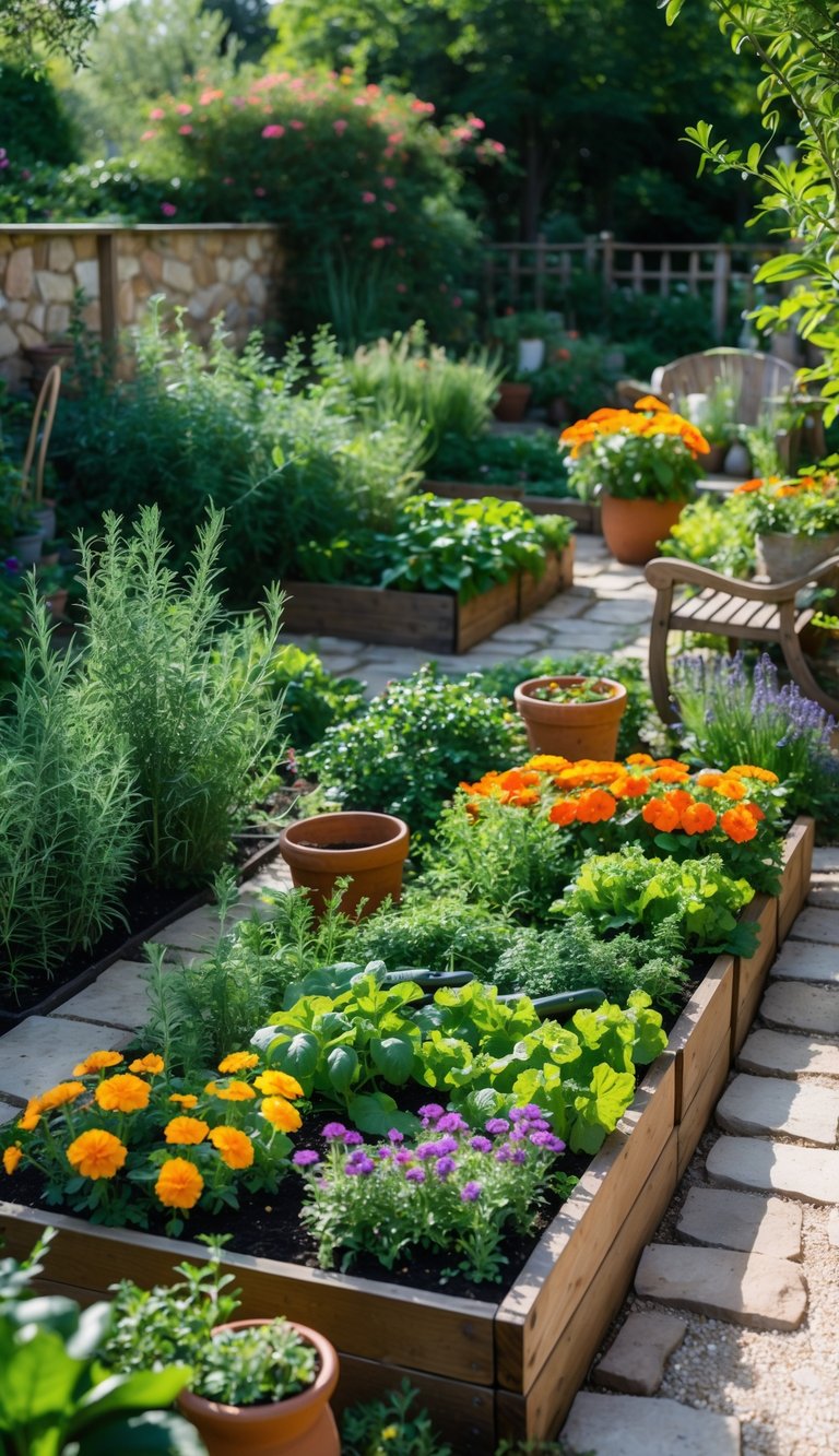 A backyard garden with raised beds filled with herbs, vegetables, and colorful flowers, featuring stone pathways and a wooden bench.