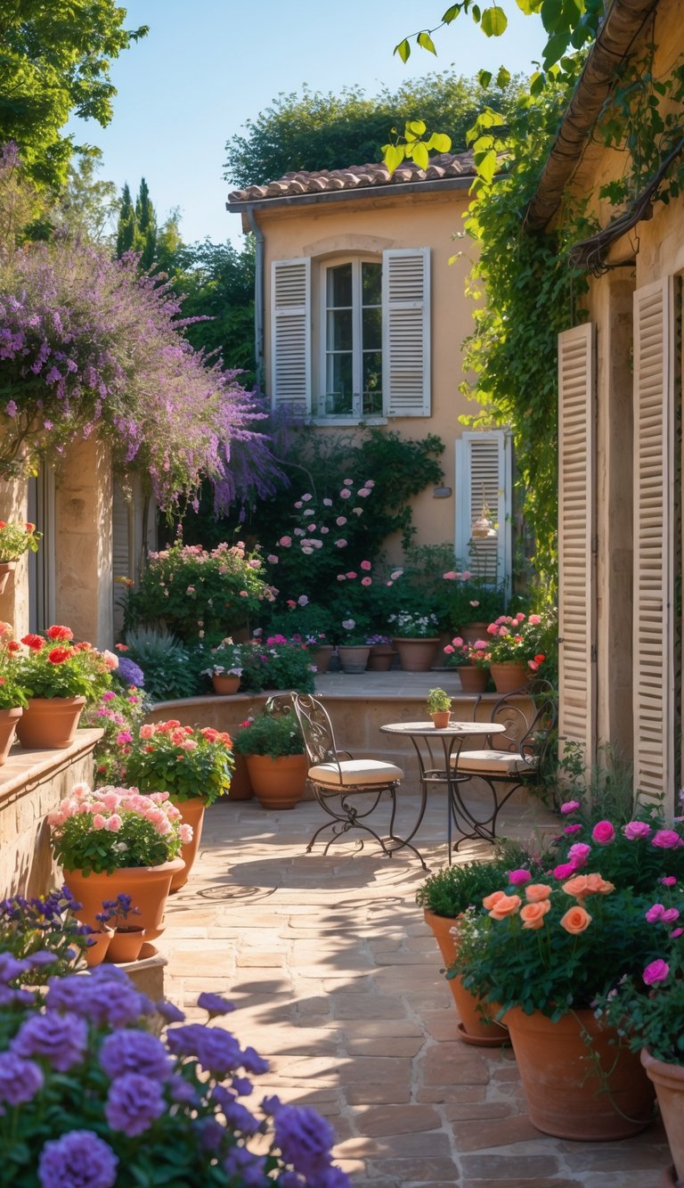 A sunlit backyard terrace with colorful blooming flowers, stone terraces, and wrought iron furniture surrounded by greenery.