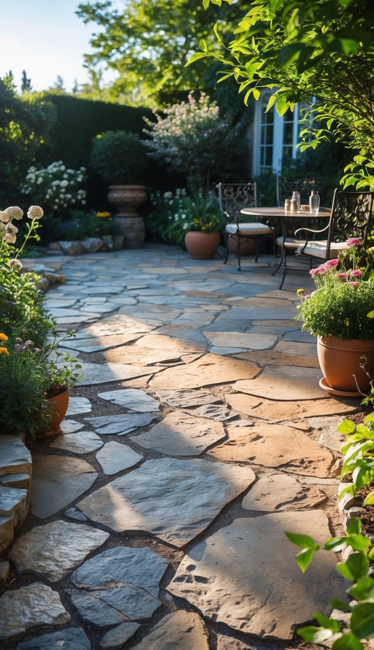 A backyard patio with weathered flagstone or slate flooring surrounded by plants and outdoor furniture under a clear sky.