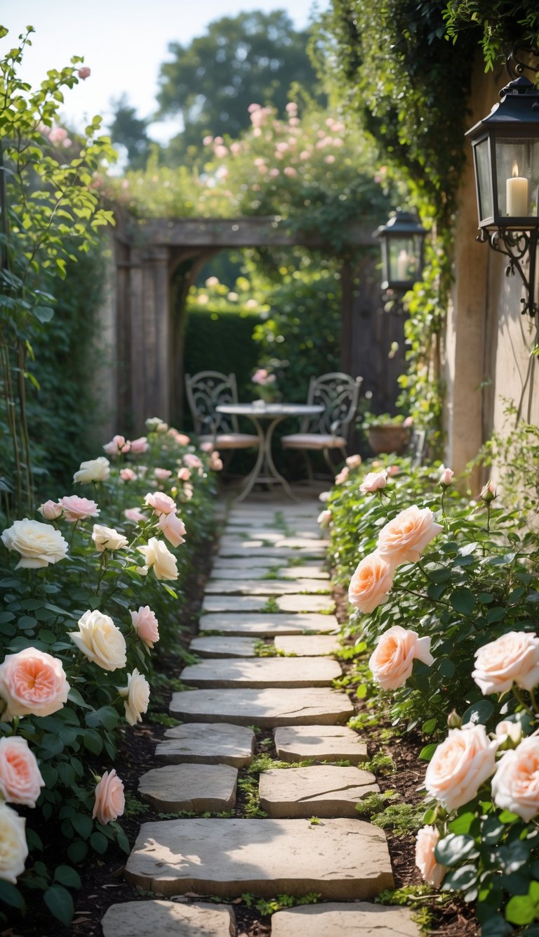A backyard walkway lined with blooming rose bushes on both sides, leading to a garden area with greenery and outdoor furniture.