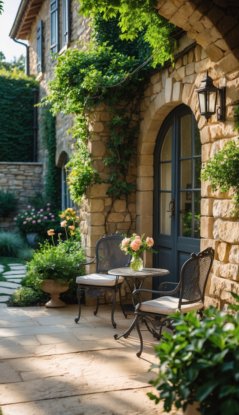 A backyard with stone walls, outdoor seating, plants, and a garden pathway.